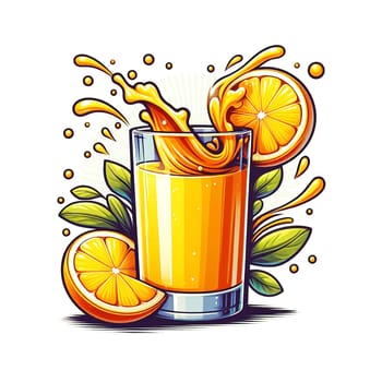 Generative illustration of a glass of orange juice with splashes isolated on a white background