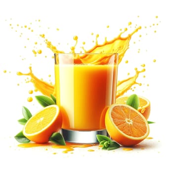 Generative visualization of a glass of orange juice with splashes isolated on white background