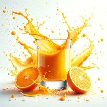 Generative visualization of a glass of orange juice with splashes isolated on white background