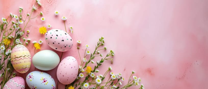 A festive array of Easter eggs and spring flowers set against a soft pink backdrop