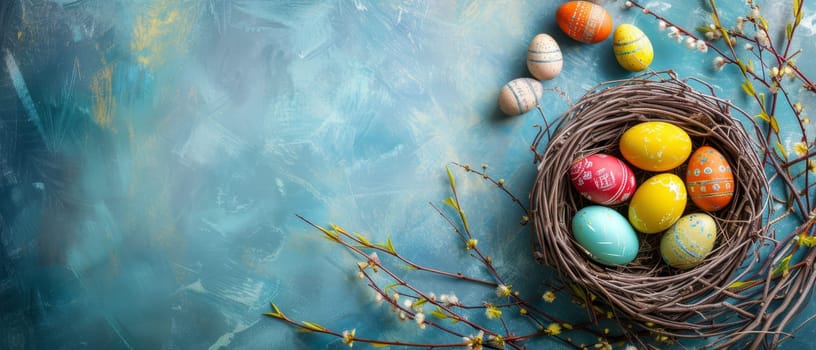 A rustic nest filled with colorful Easter eggs on a textured turquoise background with copy space