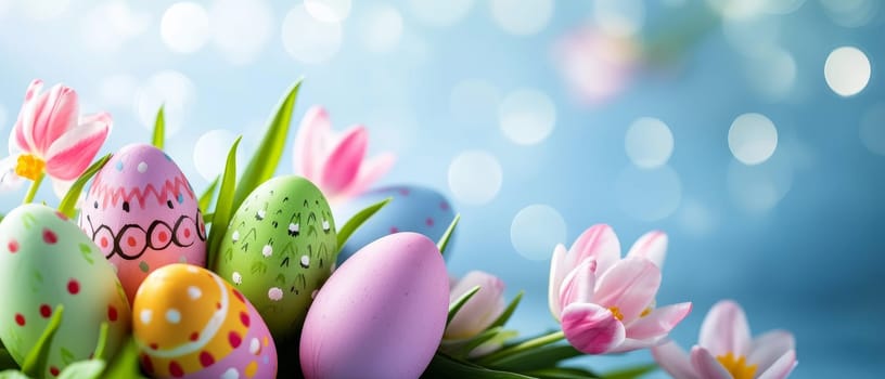 Easter eggs nestled in a lush garden under a radiant morning light with soft bokeh with copy space