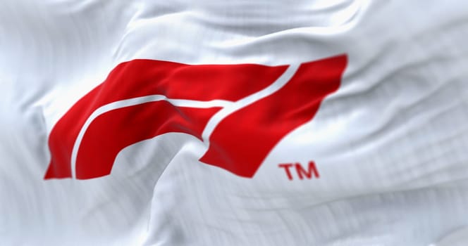 Paris, FR, Feb. 2 2024  close-up of Formula 1 white flag waving. illustrative editorial 3d illustration render. Selective focus
