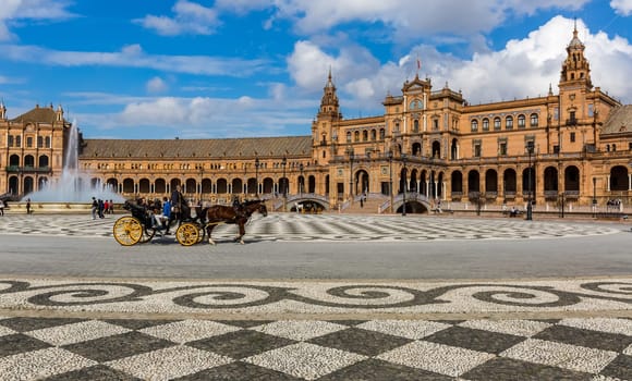 Seville, Spain - July 15, 2017: Seville is the capital of the autonomous community of Andalusia in southern Spain. Streets and sights of the city architecture.