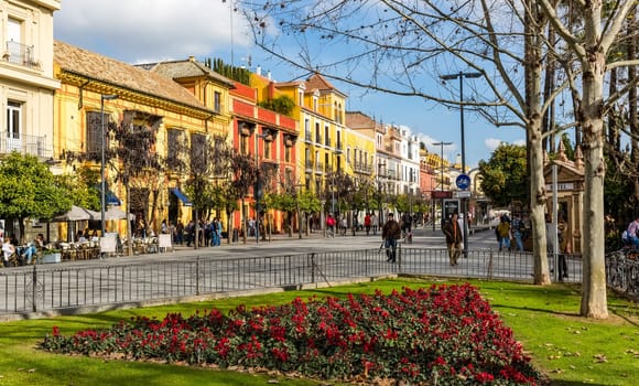 Seville, Spain - July 15, 2017: Seville is the capital of the autonomous community of Andalusia in southern Spain. Streets and sights of the city architecture.