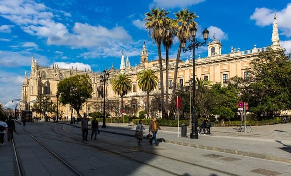 Seville, Spain - July 15, 2017: Seville is the capital of the autonomous community of Andalusia in southern Spain. Streets and sights of the city architecture.
