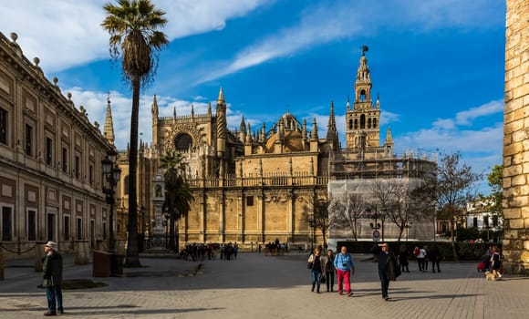 Seville, Spain - July 15, 2017: Seville is the capital of the autonomous community of Andalusia in southern Spain. Streets and sights of the city architecture.