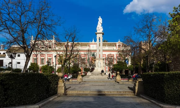 Seville, Spain - July 15, 2017: Seville is the capital of the autonomous community of Andalusia in southern Spain. Streets and sights of the city architecture.