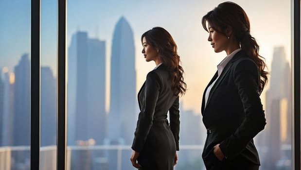 Successful Businesswoman in Stylish Suit Working on Top Floor Office Overlooking Night City. High quality photo