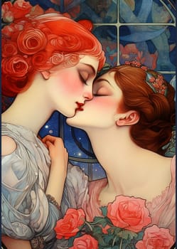 The graceful contours of two female figures in a passionate kiss tell the story of first love, tender and unique. Clothes, ornaments, hairstyles and shades evoke the style of bygone eras, creating a captivating atmosphere of love and passion. This is not just a kiss, but the beginning of a unique journey full of wonder and magic.