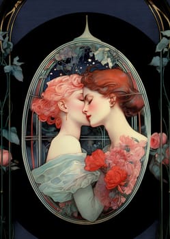 In an exquisite oval frame, as in a painting, two girls, one in an airy dress with roses, the other in blue, embrace. Their cheeks caress each other as if to absorb all the tenderness of the moment. Their eyes are closed, but their faces are full of passion and love. Colourful flowers stand out against the black background, creating a luxurious contrast. There is an atmosphere of warmth and radiant emotion.