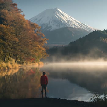 Man in a red shirt stands in front of Mount Fuji, by the lake, in the morning light, Watercolor painting, Generative Ai