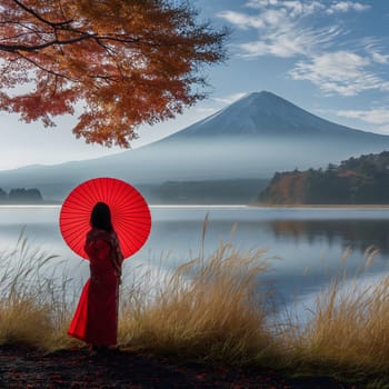 Woman wearing a kimono, holding a red umbrella, stands in front of Mount Fuji. By the lake, under the cherry trees, falling cherry blossoms, in the morning light, Generate Ai