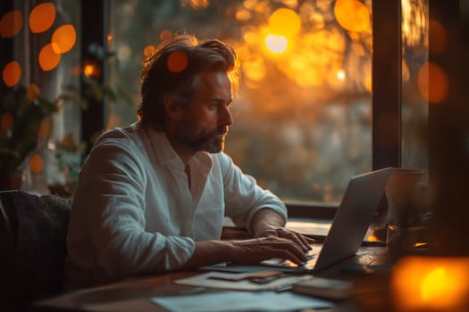 Business man, using a notebook computer in the office, Soft blur building in sunset background, Generative Ai