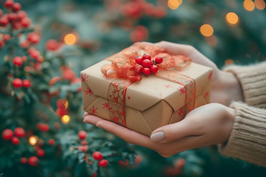 Young woman's hand is holding a Valentine's Day gift box to give to her lover, Valentine day concept, Generative Ai
