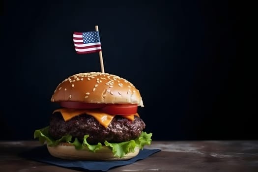 hamburger with small american flag on it, dark background, US patriotic proud theme. Neural network generated in May 2023. Not based on any actual scene or pattern.
