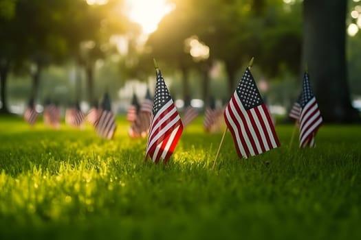 Memorial Day tribute. Many small American flags on a green lawn. Neural network generated in May 2023. Not based on any actual scene or pattern.