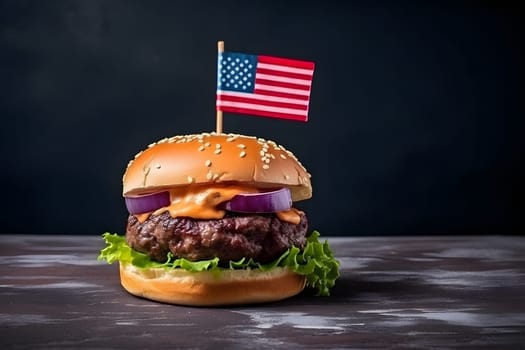 hamburger with small american flag on it, dark background, US patriotic proud theme. Neural network generated in May 2023. Not based on any actual scene or pattern.