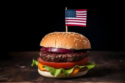 hamburger with small american flag on it, dark background, US patriotic proud theme. Neural network generated in May 2023. Not based on any actual scene or pattern.