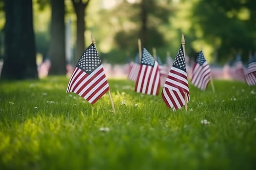 Memorial Day tribute. Many small American flags on a green lawn. Neural network generated in May 2023. Not based on any actual scene or pattern.
