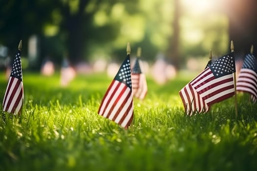 Memorial Day tribute. Many small American flags on a green lawn. Neural network generated in May 2023. Not based on any actual scene or pattern.