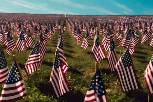 Memorial Day tribute. Many small American flags on a green lawn. Neural network generated in May 2023. Not based on any actual scene or pattern.