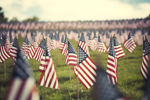 Memorial Day tribute. Many small American flags on a green lawn. Neural network generated in May 2023. Not based on any actual scene or pattern.
