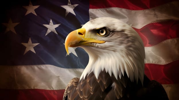 North American Bald Eagle on American flag background. Neural network generated in May 2023. Not based on any actual scene or pattern.