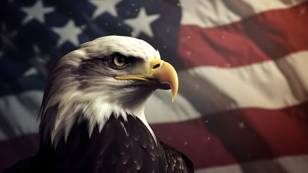 North American Bald Eagle on American flag background. Neural network generated in May 2023. Not based on any actual scene or pattern.