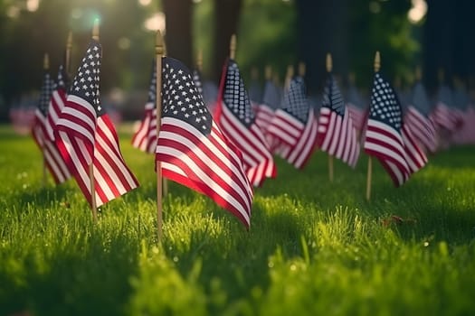 Memorial Day tribute. Many small American flags on a green lawn. Neural network generated in May 2023. Not based on any actual scene or pattern.