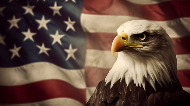 North American Bald Eagle on American flag background. Neural network generated in May 2023. Not based on any actual scene or pattern.