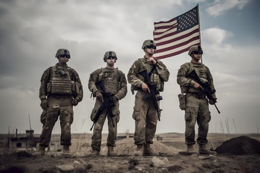 american soldiers and United States flag. Neural network generated in May 2023. Not based on any actual person, scene or pattern.