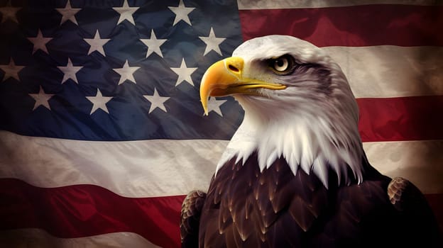 North American Bald Eagle on American flag background. Neural network generated in May 2023. Not based on any actual scene or pattern.