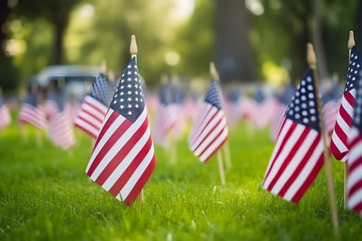 Memorial Day tribute. Many small American flags on a green lawn. Neural network generated in May 2023. Not based on any actual scene or pattern.