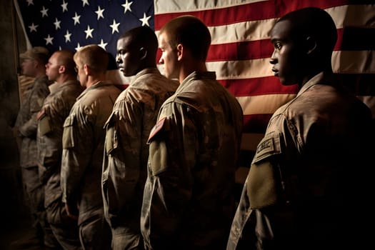 american soldiers and United States flag. Neural network generated in May 2023. Not based on any actual person, scene or pattern.