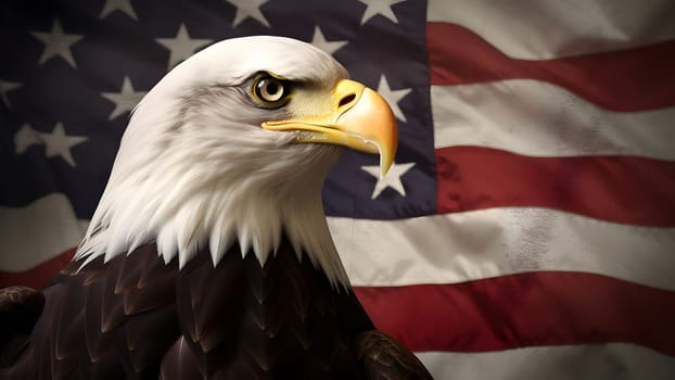 North American Bald Eagle on American flag background. Neural network generated in May 2023. Not based on any actual scene or pattern.