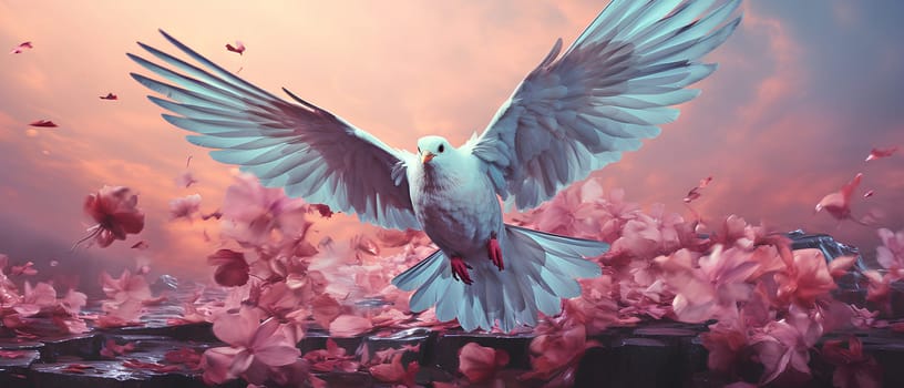 Illustration drawing of a white bird flying in the sky. The overall picture has a beautiful pink tone. It represents freedom that everyone desire, hopes, dreams and the spirit that yearns for freedom.