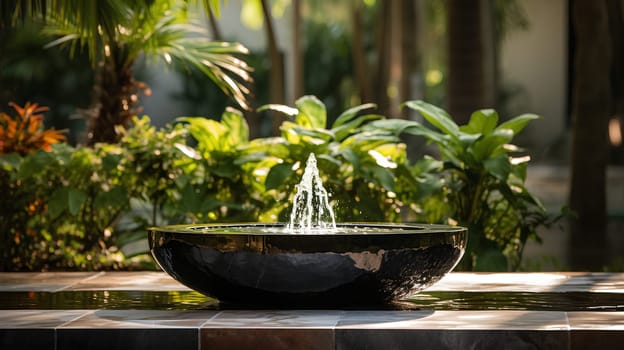 Illustration of water garden decoration in modern home. Surrounded by lush greenery represent the nature that is brought to the modern home. It can be an inspiration for designing a garden landscape.