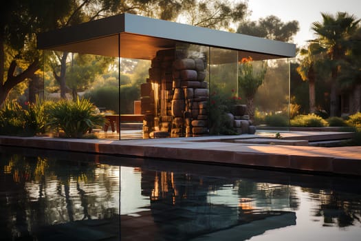 Illustration of water garden decoration in modern home. Surrounded by lush greenery represent the nature that is brought to the modern home. It can be an inspiration for designing a garden landscape.