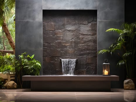 Illustration of water garden decoration in modern home. Surrounded by lush greenery represent the nature that is brought to the modern home. It can be an inspiration for designing a garden landscape.