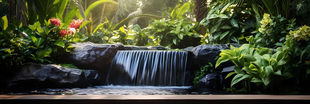 Illustration of water garden decoration in modern home. Surrounded by lush greenery represent the nature that is brought to the modern home. It can be an inspiration for designing a garden landscape.