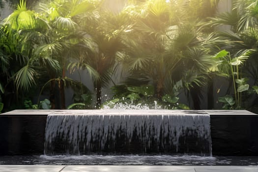 Illustration of water garden decoration in modern home. Surrounded by lush greenery represent the nature that is brought to the modern home. It can be an inspiration for designing a garden landscape.