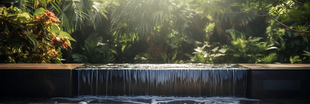Illustration of water garden decoration in modern home. Surrounded by lush greenery represent the nature that is brought to the modern home. It can be an inspiration for designing a garden landscape.