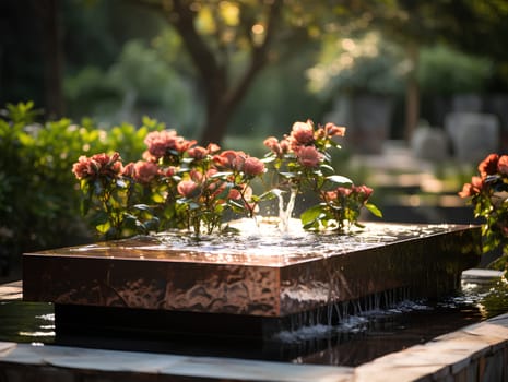 Illustration of water garden decoration in modern home. Surrounded by lush greenery represent the nature that is brought to the modern home. It can be an inspiration for designing a garden landscape.