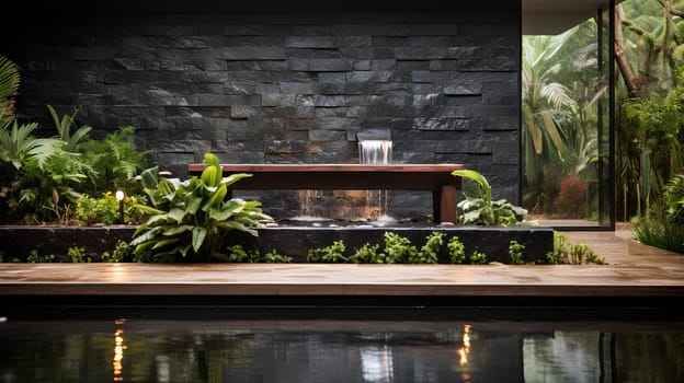 Illustration of water garden decoration in modern home. Surrounded by lush greenery represent the nature that is brought to the modern home. It can be an inspiration for designing a garden landscape.