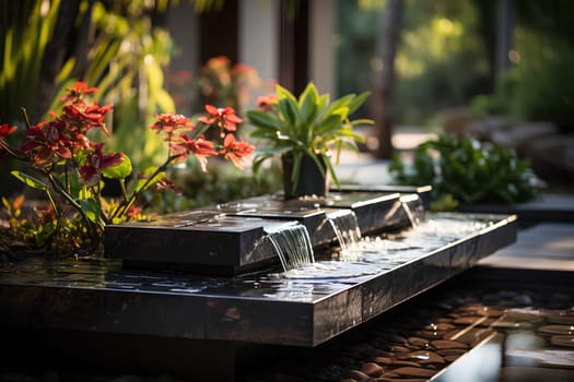 Illustration of water garden decoration in modern home. Surrounded by lush greenery represent the nature that is brought to the modern home. It can be an inspiration for designing a garden landscape.
