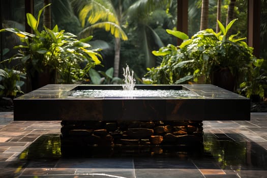 Illustration of water garden decoration in modern home. Surrounded by lush greenery represent the nature that is brought to the modern home. It can be an inspiration for designing a garden landscape.