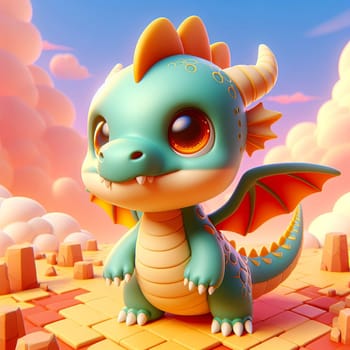 3D fantasy dragon, small size, cute. Mythology creature. Generative AI.