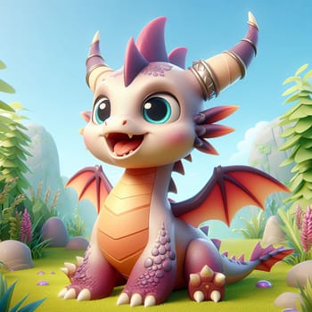 3D fantasy dragon, small size, cute. Mythology creature. Generative AI.