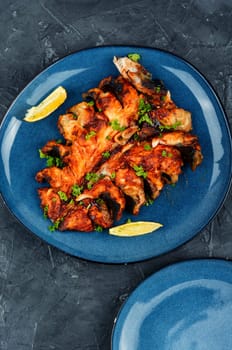 Roasted fillets of mackerel, scomber fish. Fried mackerel fish. Close up.